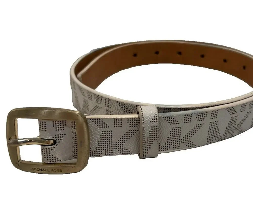 Michael Kors Belt Vanilla Mini Signature Printed MK Logo Gold Buckle 1” Sz Small